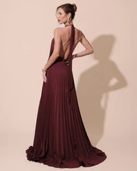 Vestidos de Festa Longo Chiffon Fluido Frente Única Plissado Duplo Marsala