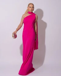 Vestido de Festa Longo Crepe Chiffon Um Ombro Só Drapeado Lenço Fixo Lenço Pink