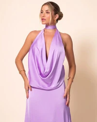 Vestido de Festa Longo Cetim Fluido Frente Única Degagê Mil Formas Lilás