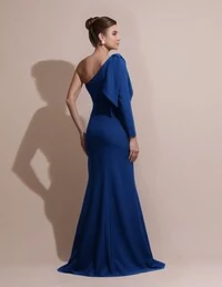 Vestido de Festa com Laço de Um Ombro em Alfaiataria Fenda Azul Royal