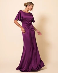 Vestido de Festa Longo Cetim Fluido Manga Curta Drapeado Roxo