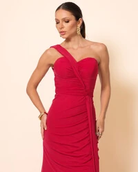 Vestido de Festa Longo Tule Tomara que Caia Faixa Cereja