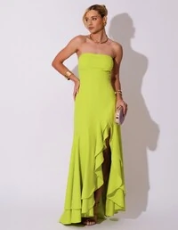 Vestido Longo com Fenda de Babados Alfaiataria Verde Lima New