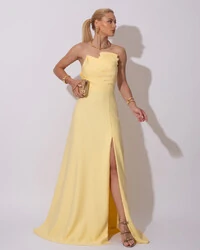 Vestido de Festa Longo Alfaiataria Tomara que Caia com Fenda Detalhe Amarelo Manteiga