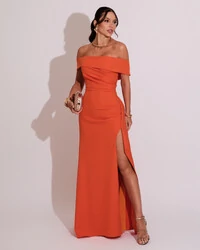 Vestido de Festa Longo Ombro a Ombro com Fenda em Alfaiataria Laranja