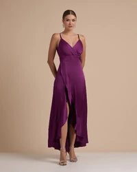 Vestido Midi Babado Acetinado Roxo