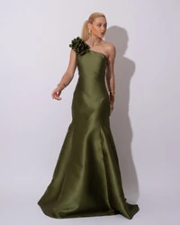 Vestido de Festa Longo Zibeline um Ombro Só Flor Removível Saia Sereia Verde Oliva