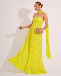 Vestido de Festa Longo Tomara que Caia Plissado com Lenço Verde Lima