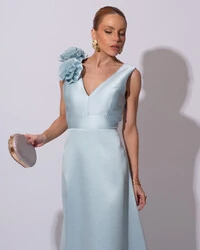 Vestido de Festa longo Zibeline Decote em V com Flores Removivel Tiffany