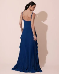 Vestido de Festa Longo Crepe Chiffon Alça Fina Saia Plissada com Babado Cascata Azul Royal