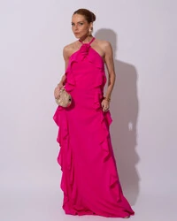 Vestido de Festa Longo Crepe Chiffon Frente Única Babados Cascata e Flor Pink