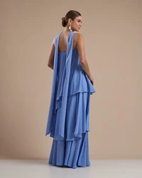 Vestido de Festa Longo Chiffon Crepe em Camadas com Lenço Azul Atlantis