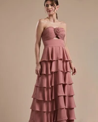 Vestido Longo Crepe Chiffon Tomara que Caia Plissado em Camadas Rose