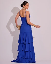 Vestido Longo Frente Única em Crepe com Babados e Camadas Azul Royal