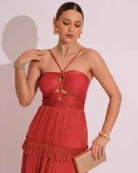 Vestido de Festa Longo Tule com Saia Babado Terracota