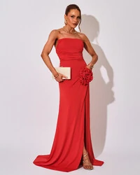 Vestido Longo Tomara que Caia Malha Fenda Vermelho