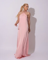 Vestido Longo de Cetim com Decote Triangular e Amarração nas Costas Degagê Rose Gold