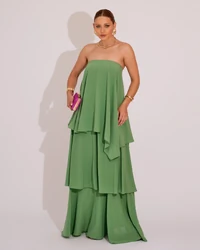 Vestido de Festa Longo Tomara que Caia em Camadas Verde Claro