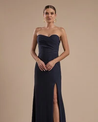 Vestido de Festa Longo Tomara que Caia Alfaiataria Azul Marinho Escuro