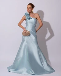 Vestido de Festa Longo Zibeline um Ombro Só Flor Removível Saia Sereia Tiffany