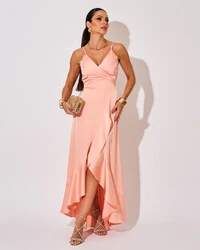 Vestido Midi Babado Acetinado Rose Gold
