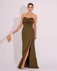 Vestido de Festa Longo Tomara que Caia Alfaiataria Verde Oliva