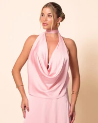 Vestido de Festa Longo Cetim Fluido Frente Única Degagê Mil Formas Rose Gold