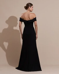 Vestido de Festa Longo Alfaiataria Ombro a Ombro com Fenda Preto