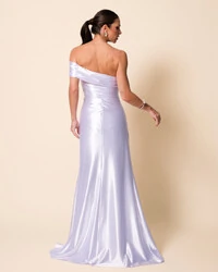 Vestido de Festa Longo Cetim Malha Metálico Ombro a Ombro Branco