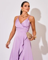 Vestido Midi Babado Acetinado Lilás