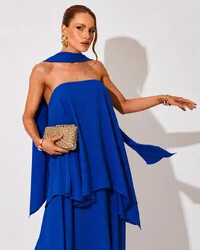 Vestido de Festa Longo Chiffon Crepe em Camadas com Lenço Azul Royal