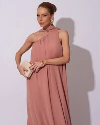 Vestido de Festa Longo Crepe Fluido um Ombro Só com Lenço Rose