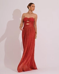 Vestido de Festa Longo Tule Brilho Tomara que Caia Recortes Terracota