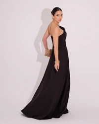 Vestido de Festa Longo Alfaiataria Tomara que Caia com Fenda Detalhe Preto
