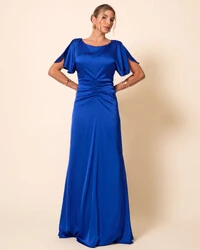 Vestido de Festa Longo Cetim Fluido Manga Curta Drapeado Azul Royal