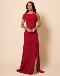 Vestido de Festa Longo Tule Faixa Detalhe Drapeado Cereja