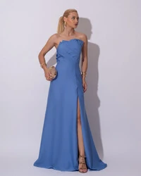 Vestido de Festa Longo Alfaiataria Tomara que Caia com Fenda Detalhe Azul Atlantis