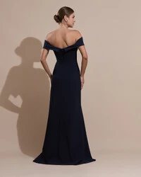 Vestido de Festa Longo Alfaiataria Ombro a Ombro com Fenda Azul Marinho Escuro