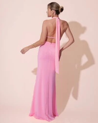 Vestido de Festa Longo Malha Jersey Gola Alta Saia Sereia Rosa New