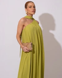 Vestido de Festa Longo Crepe Fluido um Ombro Só com Lenço Verde Pistache