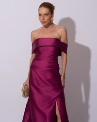 Vestido de Festa Longo Zibeline Ombro a Ombro Drapeado e Fenda Fúcsia