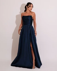 Vestido de Festa Longo Tomara que Caia Trançado Costa em Zibeline Azul Marinho