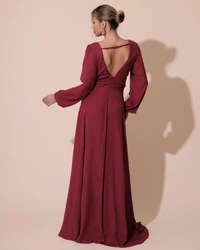 Vestido de Festa Manga Longa com Cintura Drapeada Decote V Cereja