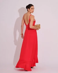 Vestido Midi Babado Acetinado Vermelho