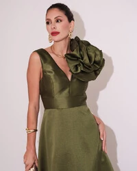 Vestido de Festa longo Zibeline Flor Verde Oliva