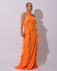 Vestido de Festa Longo Crepe Chiffon Frente Única Babados Cascata e Flor Laranja