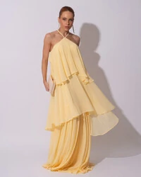 Vestido Longo Crepe Chiffon Babado em Camadas Amarelo Manteiga