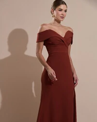 Vestido de Festa Longo Alfaiataria Ombro a Ombro com Fenda Terracota