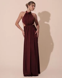 Vestido de Festa Longo Malha Jersey Gola Alta Saia Sereia Marsala