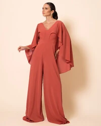 Macacão de Festa Longo Crepe Chiffon com Capa Terracota